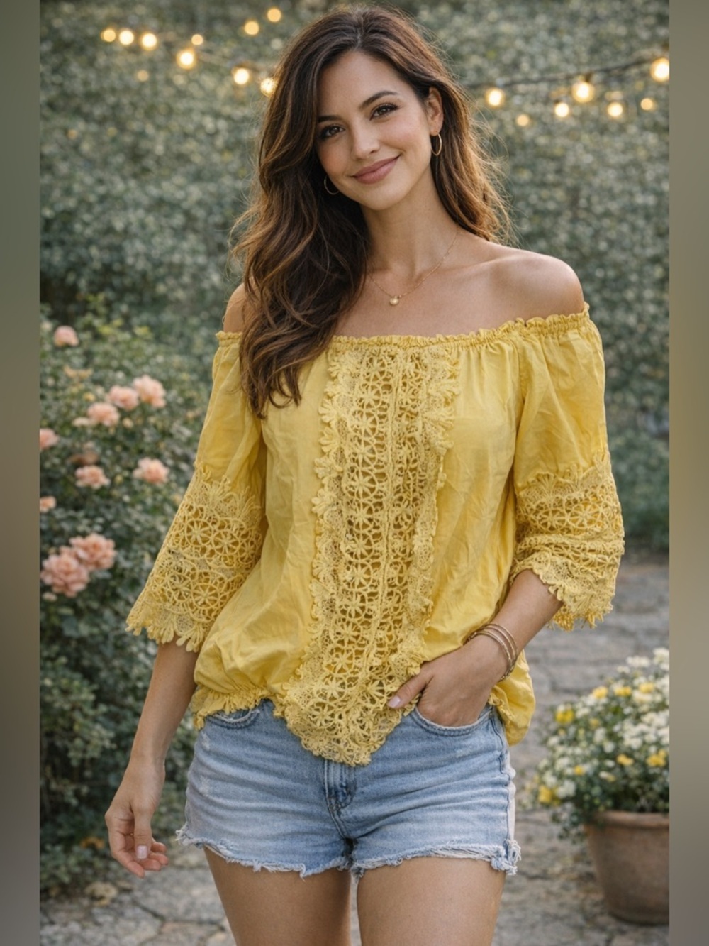 Boho Yellow Lace Off Shoulder Blouse Cottagecore Peasant Top Medium